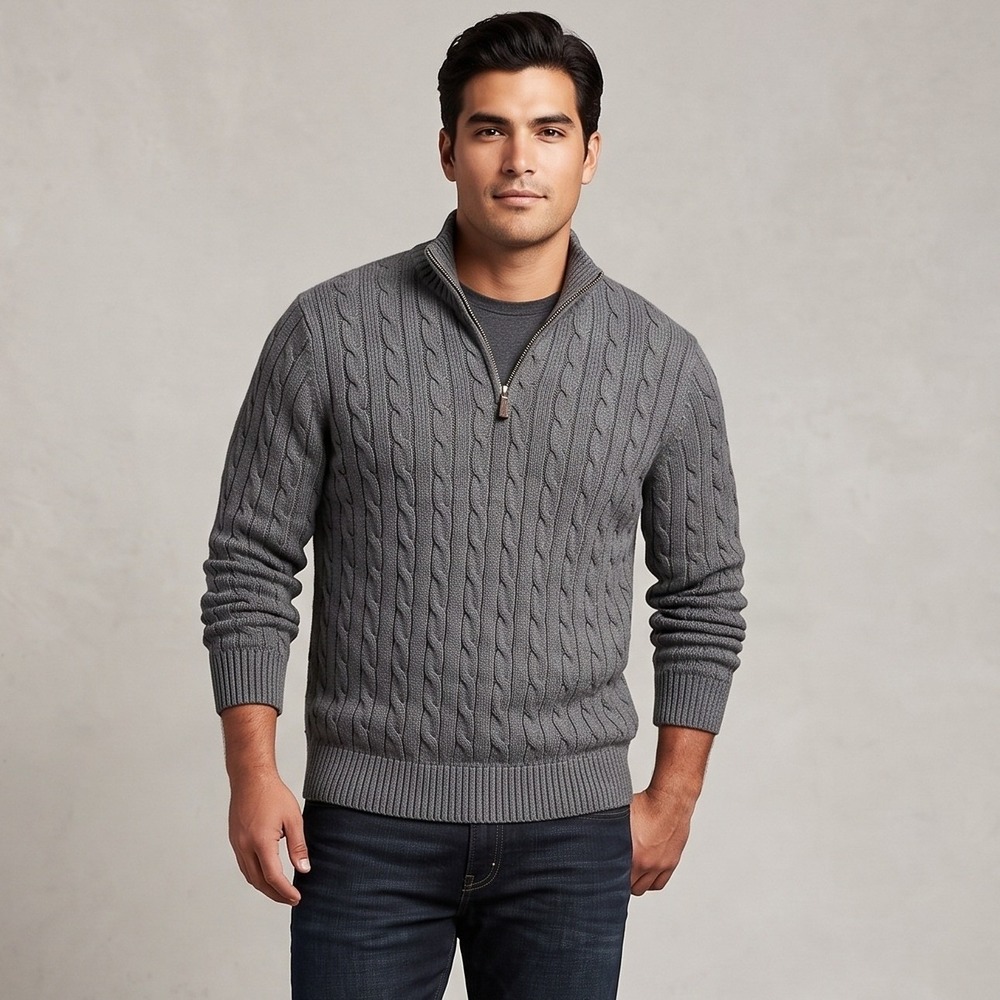 Old Navy Mens Large Gray Sweater 1/4 Zip Pullover Cable Knit Cotton Mock Neck